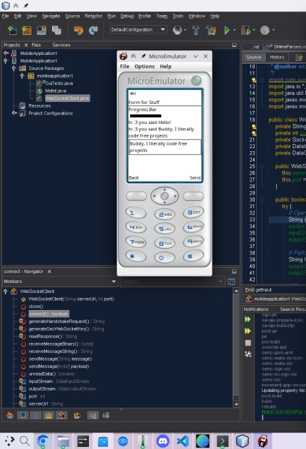 NetBeans IDE running a J2ME application in the MicroEmulator, demonstrating a TLS and WebSocket stack.